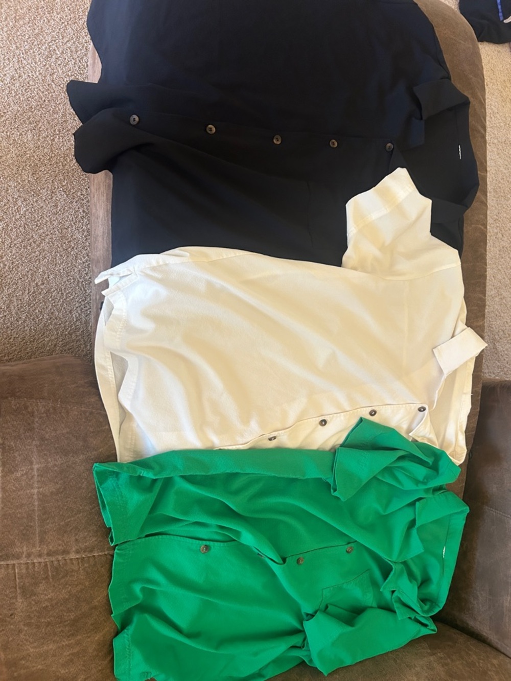Set of Three Button-Front cabana shirts in Black, White, and Green